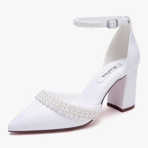 Elegant White Pearl-Embellished Block Heels